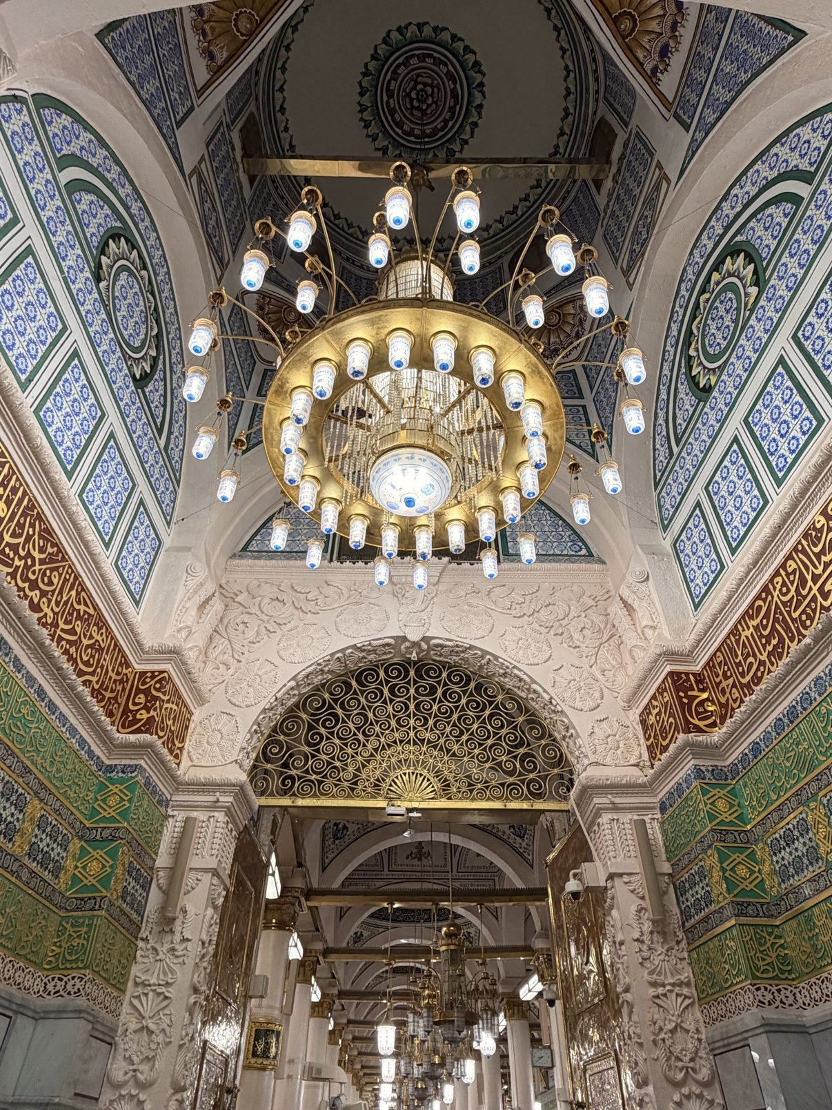 A great chandelier above the prayer hall of the Prophet's Mosque